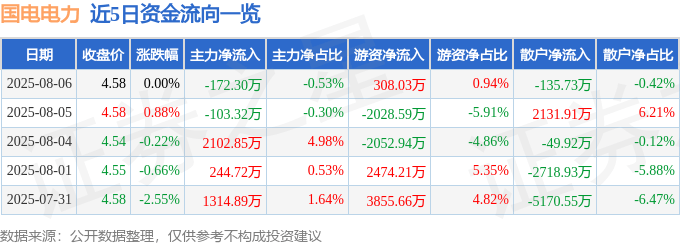 股票行情快报:国电电力(600795)8月6日主力资金净卖出172.30万元