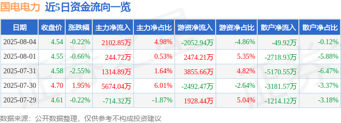 股票行情快报:国电电力(600795)8月4日主力资金净买入2102.85万元